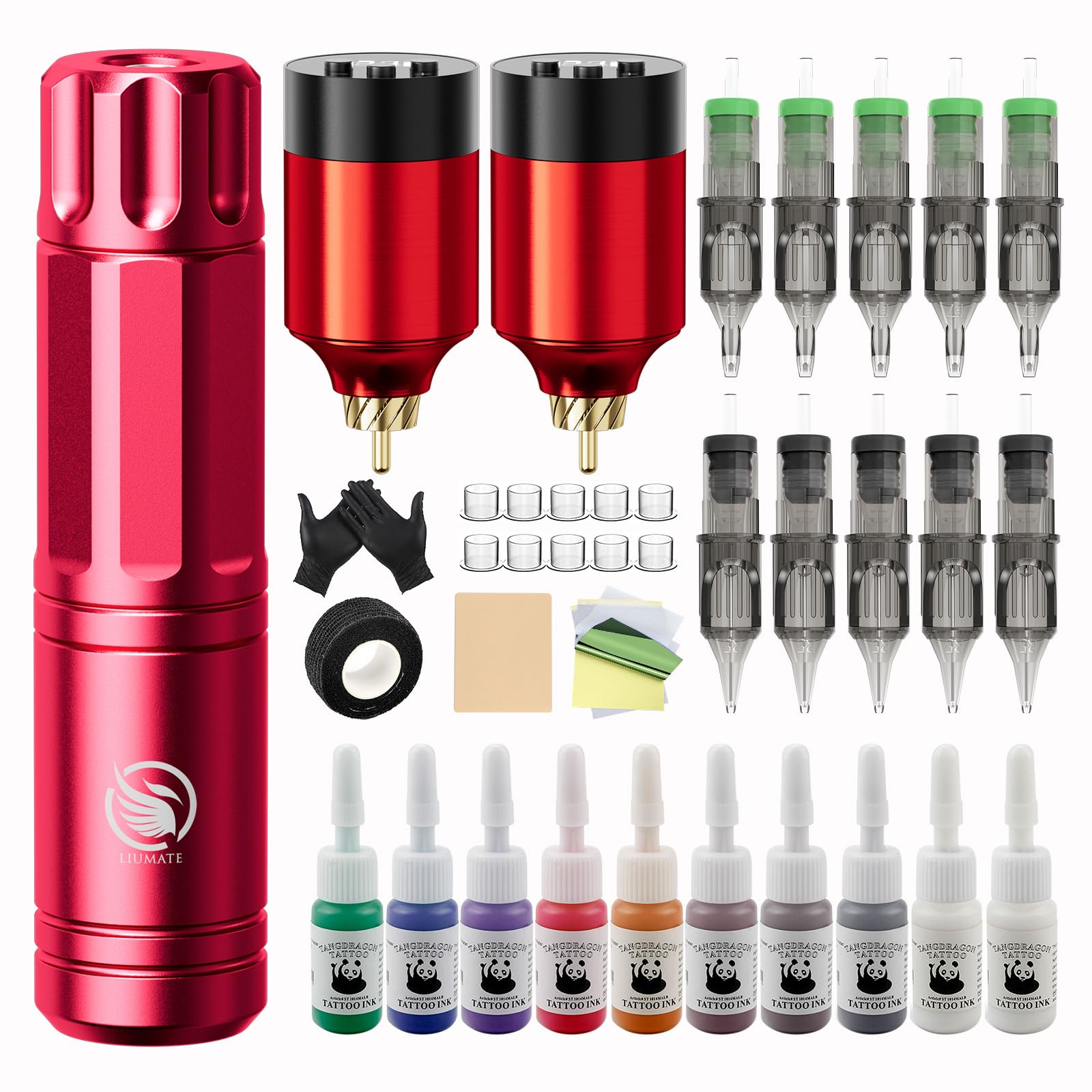 Drahtloser Pen Maschine Set mit 2 Stück 1500mAh Batterie 10 Stück Nadel 10 Tinten Komplette Zubehörteile für Anfänger