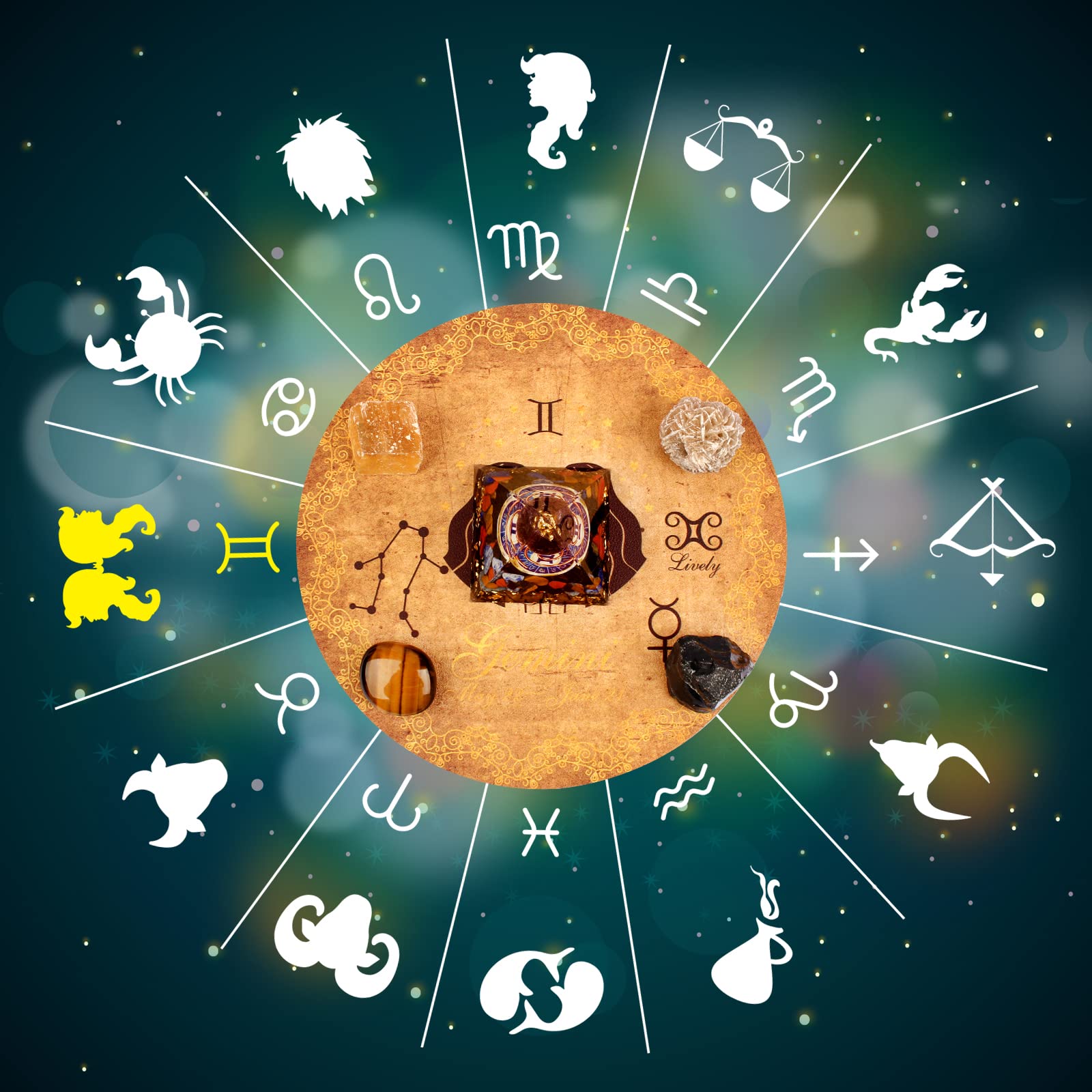 Horóscopo Orgone Pirámide ，Gemini Cristal Curativo Set de Regalo ，Zodiac Signo Piedras a Companion Birthstone, para la Astrología ，Reiki，Energy, Meditación