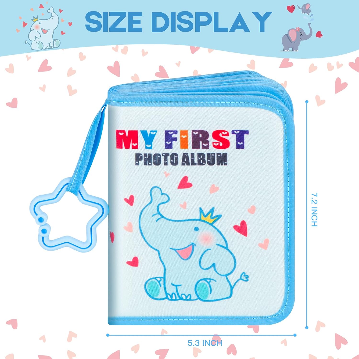 Baby's My First Photo Album Holds 21 4x6 Pictures, Baby Memory Album Gift Soft Cloth Heart Elephant Baby Photo Album with Name Card & Name Tag Stickers for Toddler Kids Baby Shower, Blue