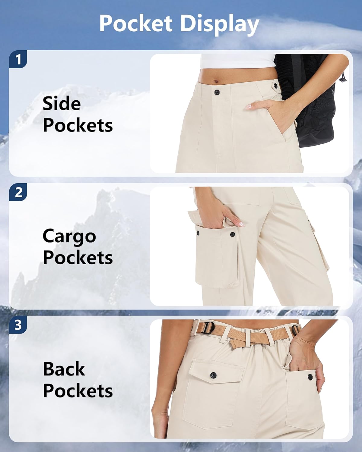 Women's Cotton Cargo Pants High Waist Adjustable Outdoor Hiking Pants with Pockets Stretch Travel Work Casual Pants