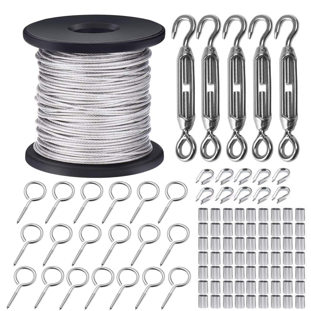 TooTaci 100M Stainless Steel Wire Rope, 1.5mm Steel Metal Wire Cable, 7×7 Strands, M4 Turnbukle Hook, Vine Eye Hook,M2 Crimping Sleeves, for Climbing Plants, Light Hanging, Picture Wire