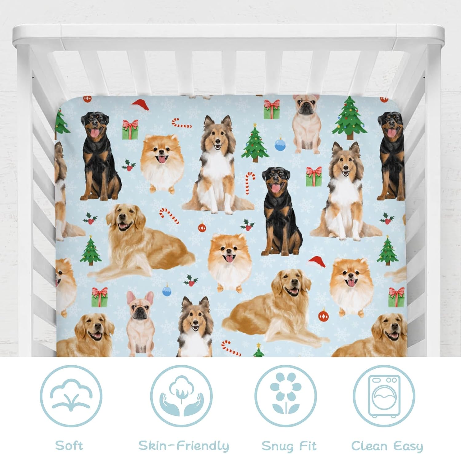 Merry Christmas Dogs & Puppies Baby Crib Sheets - 52''x28'' Winter Xmas Trees Gifts - Fitted Crib Mattress Cover for Toddler Mattress