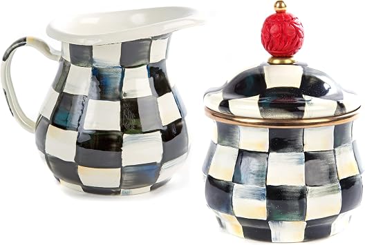 MACKENZIE-CHILDS Creamer and Sugar-Bowl Set, Black-and-White Courtly Check | Hand-painted design, made from enameled steel, cream dispenser 14-ounce capacity, sugar bowl 10-ounce capacity, set of 2