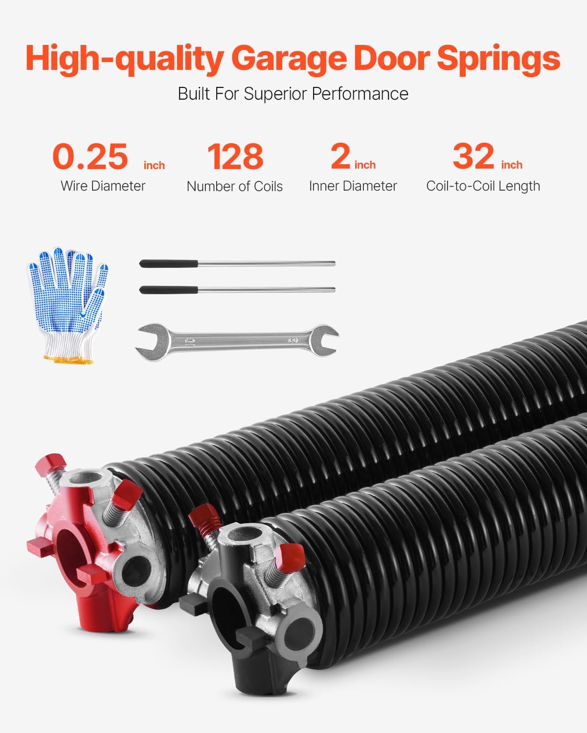 VEVOR Garage Door Torsion Springs, Pair of 0.25 x 2 x 32 in, 16000 Cycles, Electrophoresis Black Coated for Replacement, Garage Door Springs with Non-Slip Winding Bars, Gloves and Mounting Wrench
