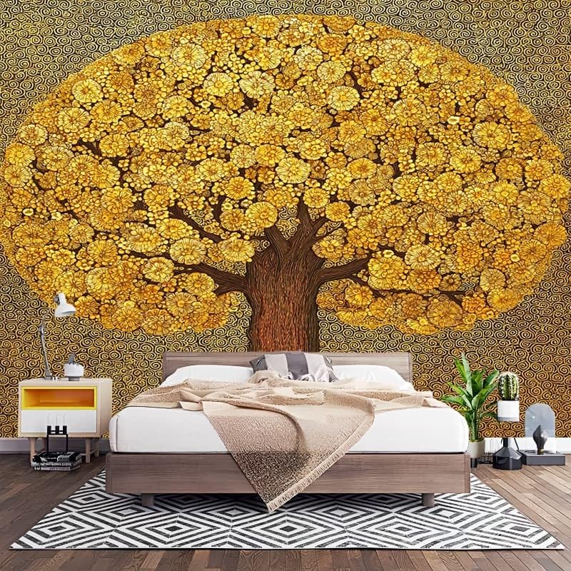Papel Tapiz 250x175cm áRbol Dorado De La Vida Decoración De Pared Sala Cuarto Oficina Salón Oro Fotomural limpiable - Mural de Papel Pintado