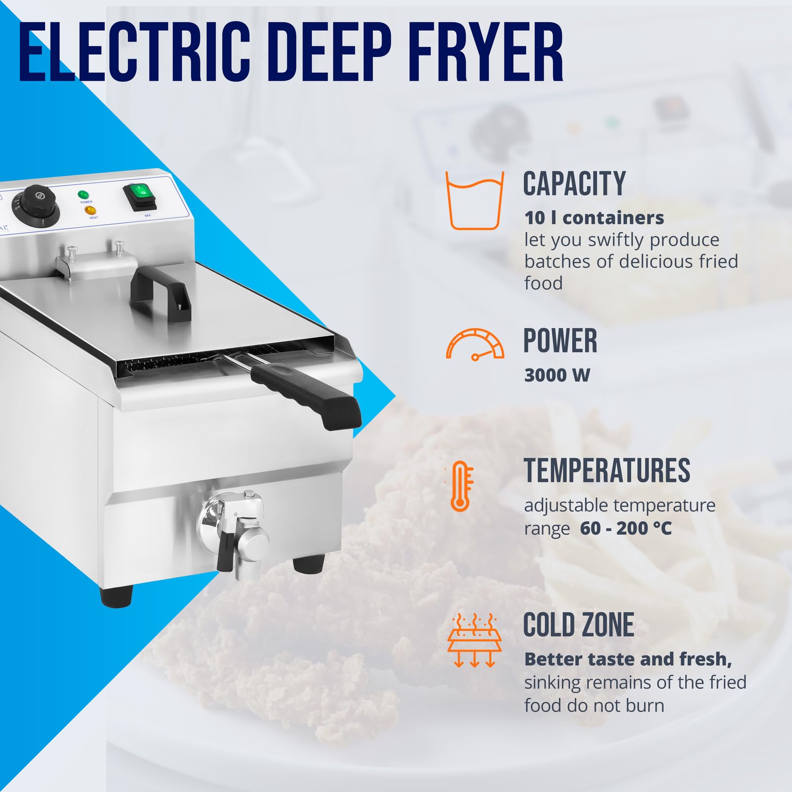 Royal Catering Frytkownica elektryczna ze stali nierdzewnej (pojemność 10 l, moc: 3000 W, termostat, kran spustowy)