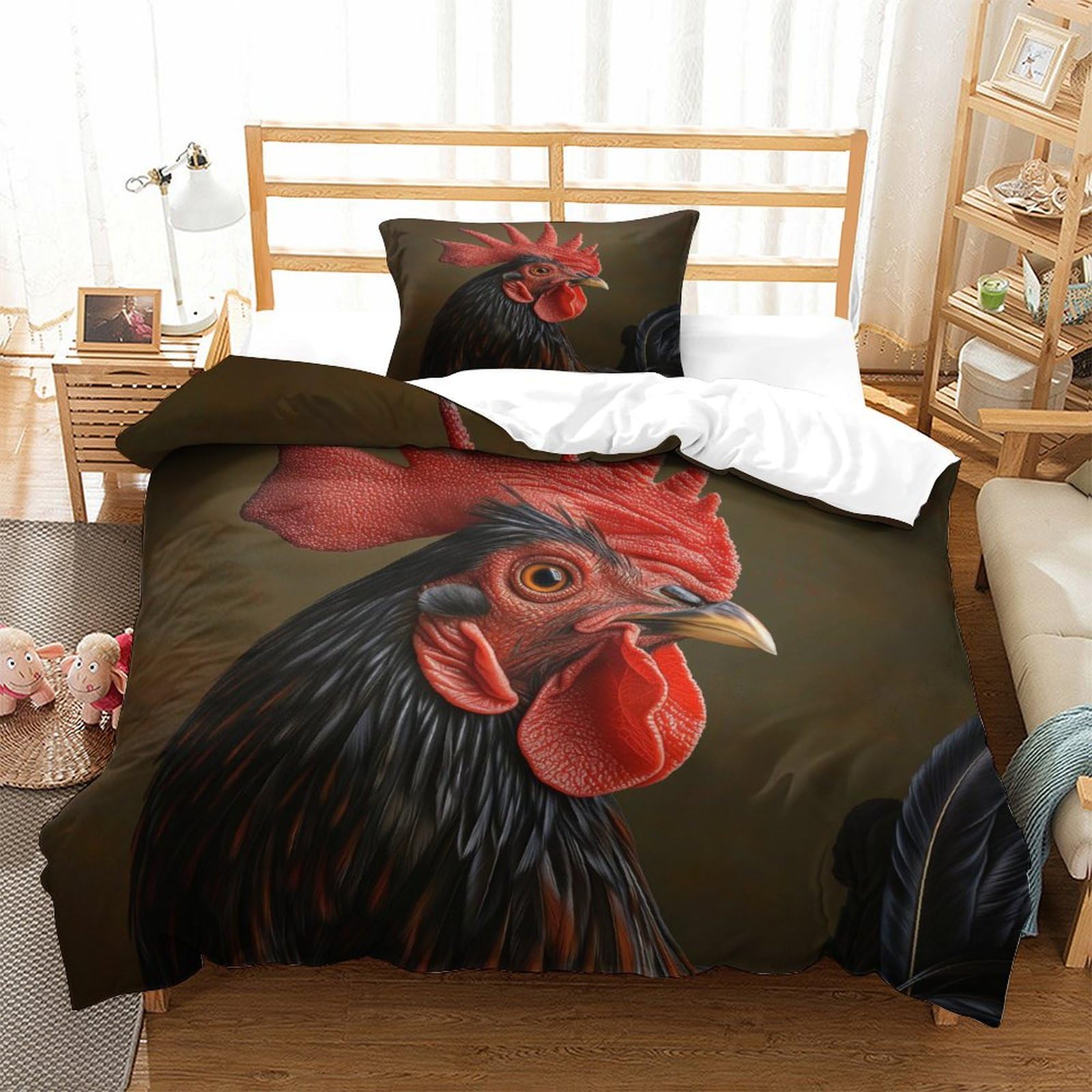 P1s9u7w5y Gallic Rooster-3 Farm Animal 3D Printed Rooster 3Pcs Duvet Cover Set Microfiber Country Style Chicken Bedding Set Single（135X200cm）