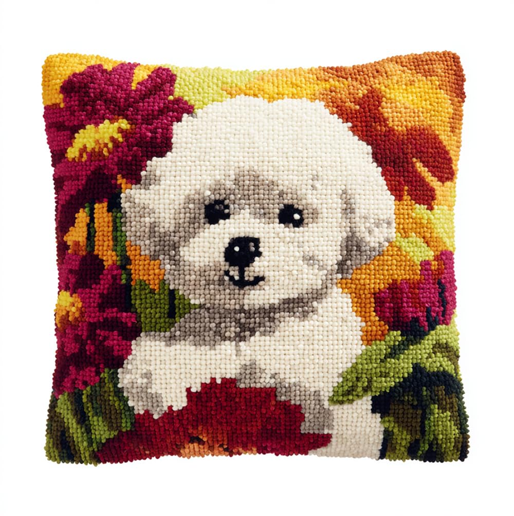 Taxpy Latch Hook Kits for Adults Beginners Bichon Frise and Flowers Latch Hook Pillow Kit Pre-Printed Latch Hook Rug Kits Insect Cross-Stitch Cushion for Home Sofa Decoration 17X17 in. Handmade Gi