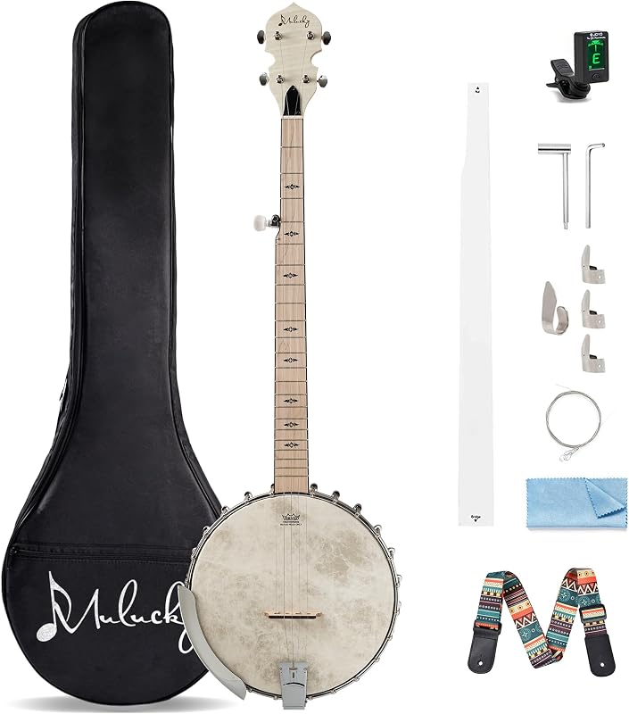 Mulucky 5 String Open Back Banjo MB1101, Maple 24 Brackets Remo Head Kit | Crafted with maple, a Remo head, 24 brackets, and geared 5th tuner. Includes complete beginner accessories.