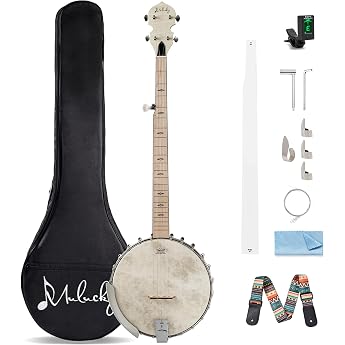 Mulucky MB1101 5 String Banjo Full Size with 24 Clips Open Back Maple Banjos with Remo Head Fifth Tuner with Gear Gift Pack with Beginner Kit