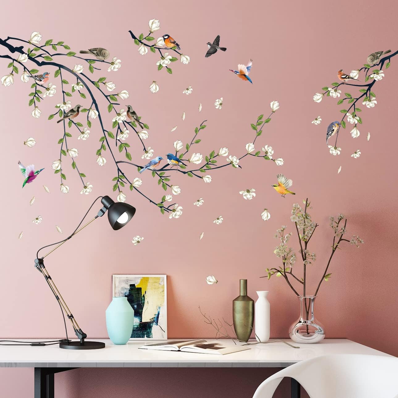 Green Vine Wall Decal White Flowers and Birds on Branch Natural View Wall Sticker DIY Detachable Peel and Stick Wall Art Mural for Living Room Bedroom offcie Home Decor