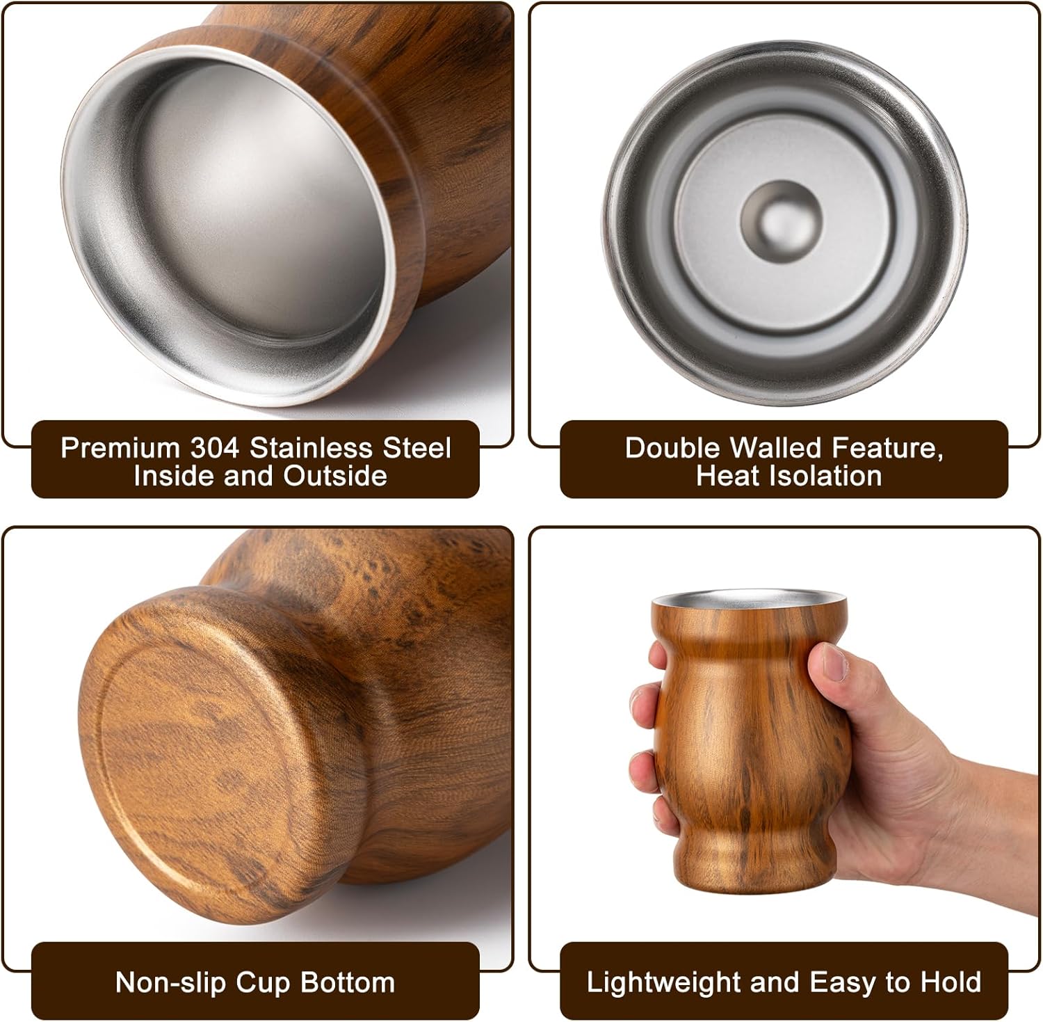8oz Yerba Mate Cup, 304 Stainless Steel Double-Wall Mate Cup, Heat Insulation Yerba Mate Gourd, Tea Cup Set Includes Cleaning Brush & 2 Bombillas (Wood) - Image 3