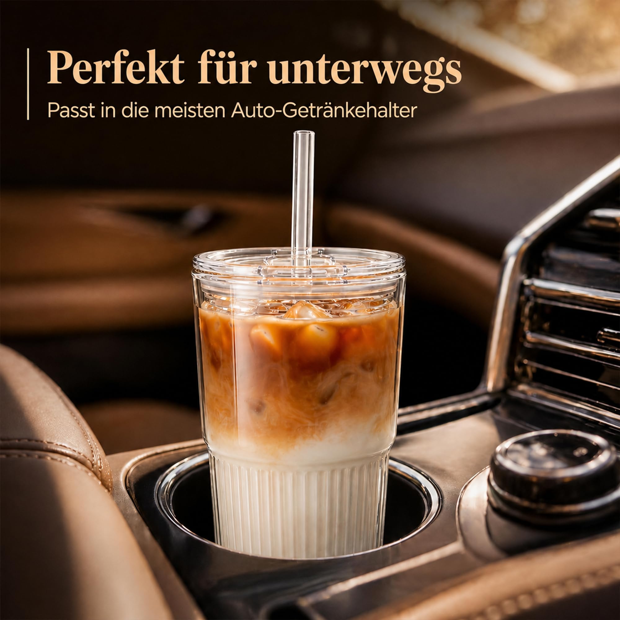 VITEVER Confezione da 2 bicchieri in vetro scanalati con coperchio e cannucce, 450 ml, bicchieri da caffè freddo, per frullati e cocktail, in vetro trasparente per la casa o per il caffè