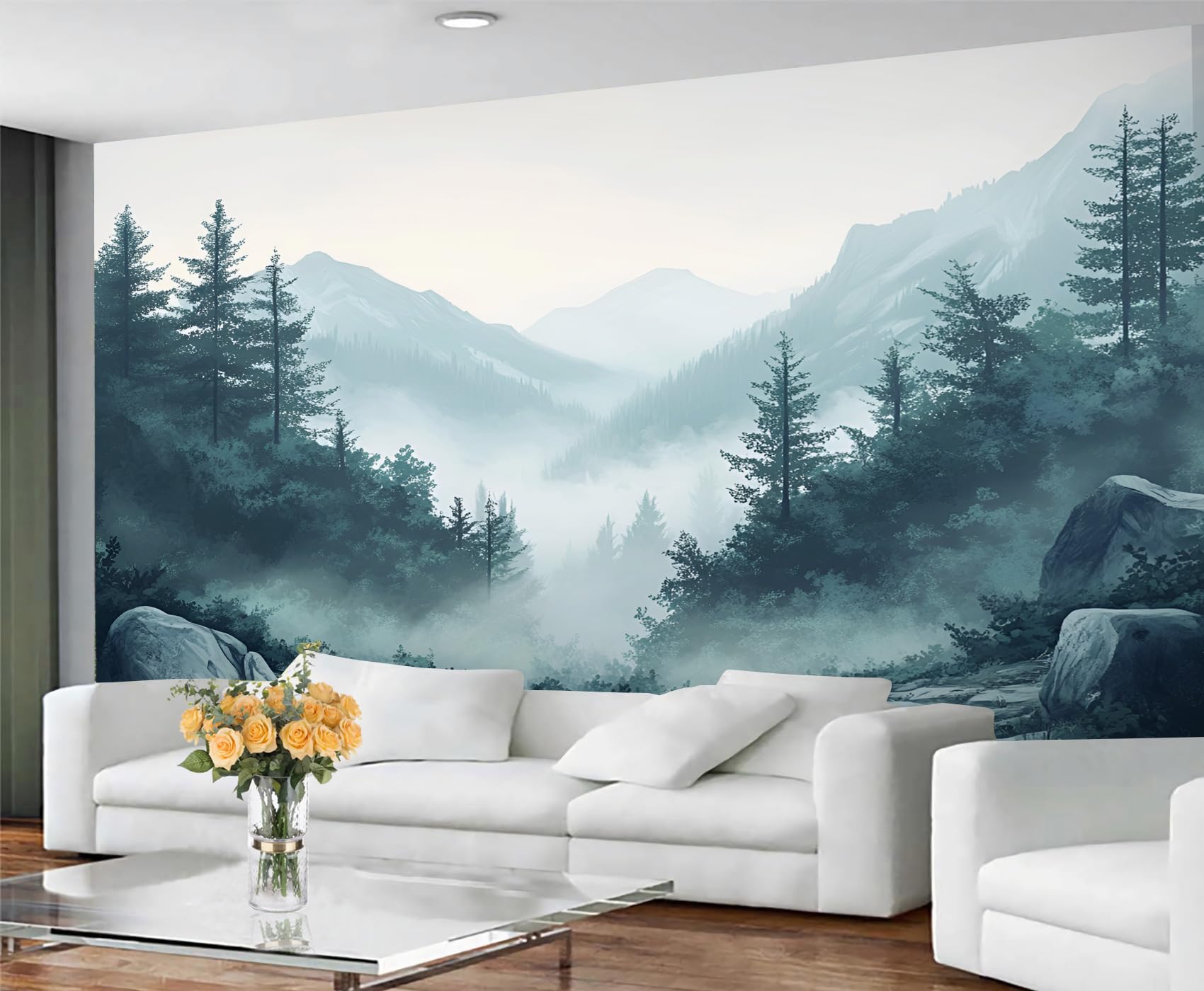 GIVLWF Forest Wallpaper, Misty Landscape Peel and Stick Wallpaper for Bedroom, Renter Friendly Wall Paper for Living Room, Natural Mountains Wall Mural - Large Home Decor 250x175 cm — image 1