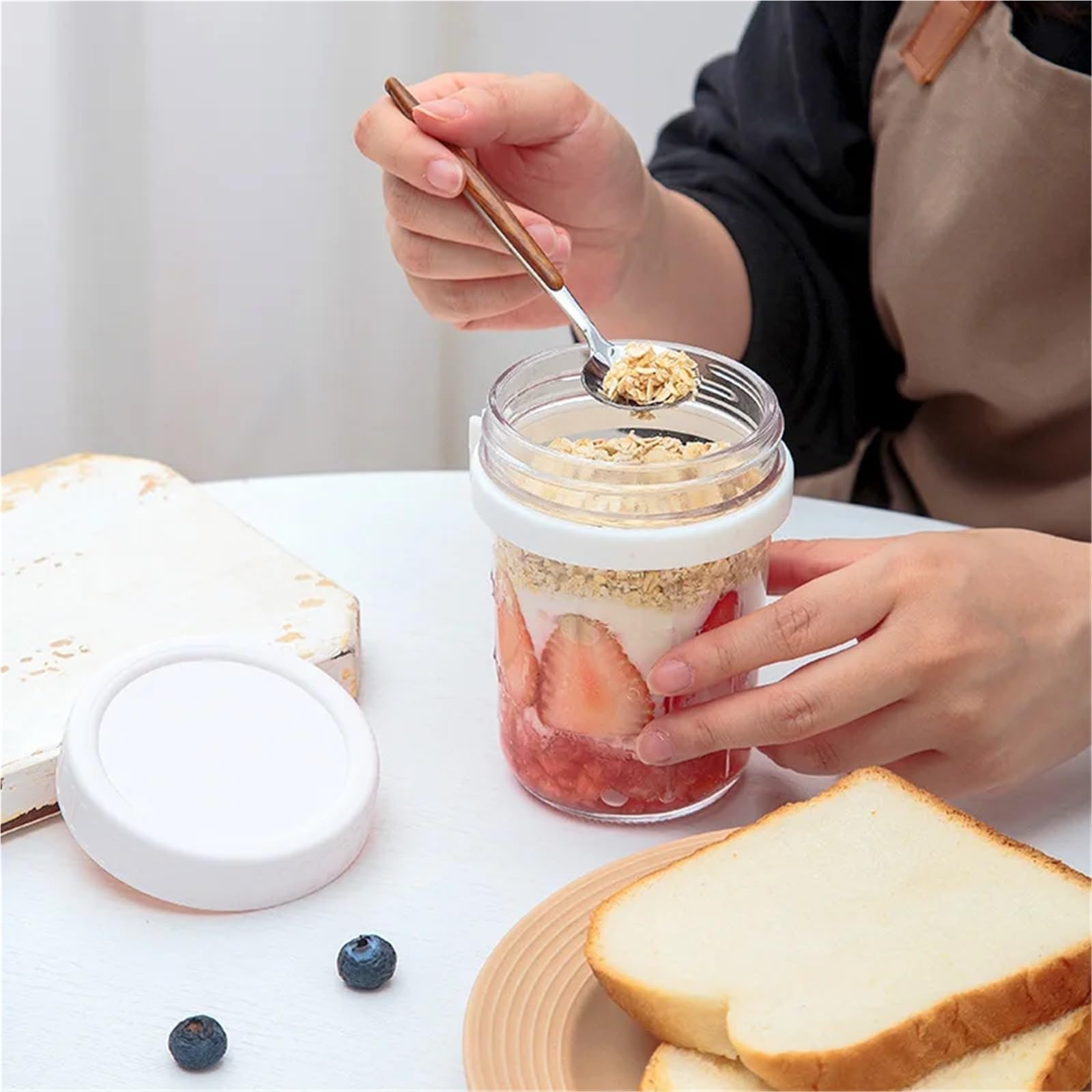 Vasetti Marmellata 1 pz. Contenitore for alimenti in vetro for latte, macedonia di frutta, tazze for cereali, colazione, bottiglia d'acqua, articolo da cucina(White)