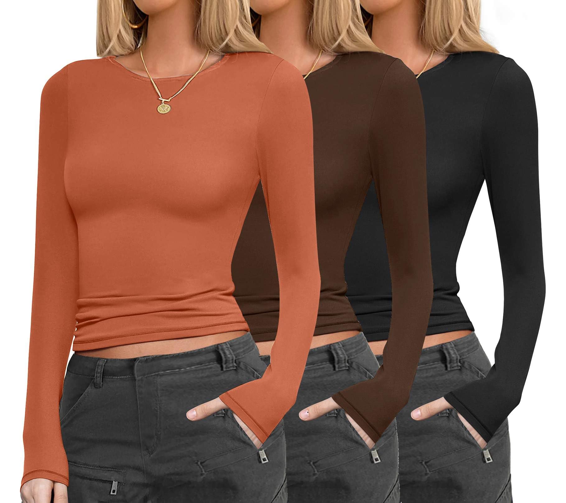 Ekouaer Womens 3 Pack Long Sleeve Shirts Fitted Tops Underscrub Undershirt