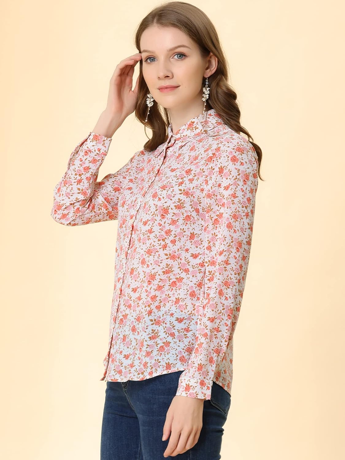 Allegra K Women's Button Down Shirt Work Office Tops Long Sleeve Point Collar Floral Blouse - Image 4