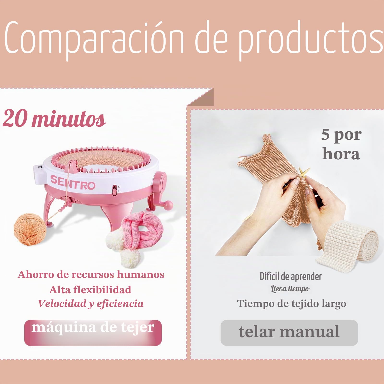Máquina de tejer SENTRO, máquina de tejer de 48 agujas con contador de filas, máquina de tricotar para gorros, calcetines y bufandas para adultos