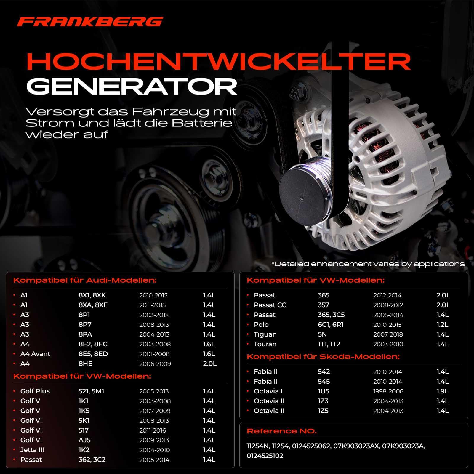 Frankberg Lichtmaschine Generator 2-Polig Kompatibel mit A3 8P1 1.6L-3.2L 2003-2012 Golf V 1K1 1.6L-3.2L 2003-2009 P.a.s.s.a.t 3C2 1.6L-3.2L 2005-2010 Repalce# 07K903023A