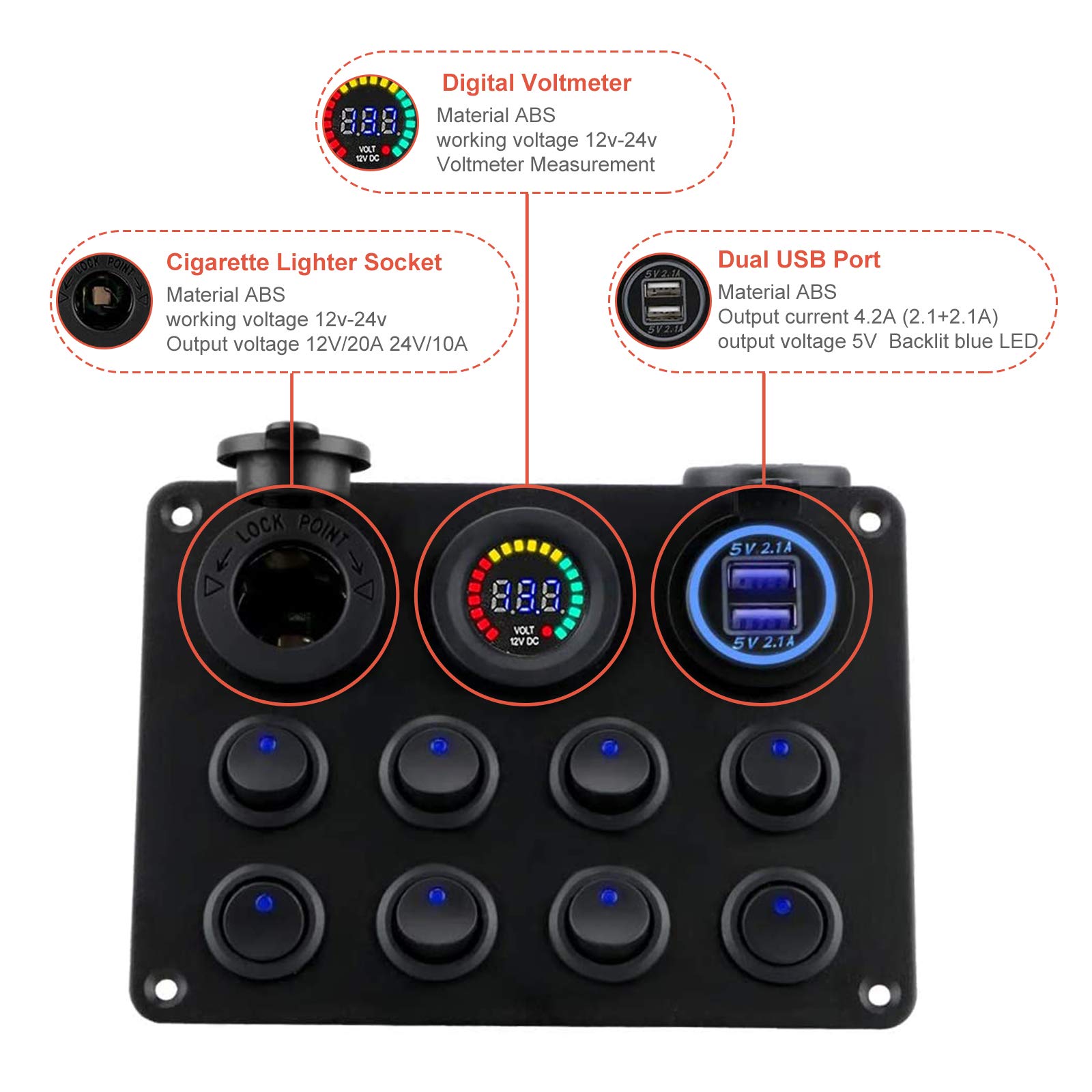 RUIZHI 8 Gang Pannello Interruttori a bilanciere 12-24V Doppio Caricatore USB Presa con Voltmetro a LED Rocker Switch Panel per Barca Auto