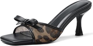Womens Heeled Sandals Open Square Toe Kitten Heels Sandals Slip On Bow Mesh Mules Heels Comfortable Dress Shoes for Party Wedding