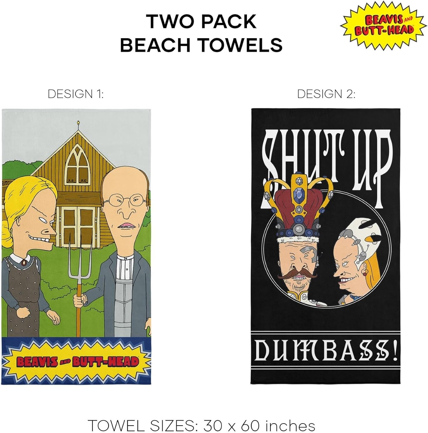 Northwest Beavis and Butt-Head Beach Towel 2-Pack - Soft, Sand-Free, Fast-Drying Oversized Pool Towels, Gothic Rules & Shut Up Designs, 30" x 60"
