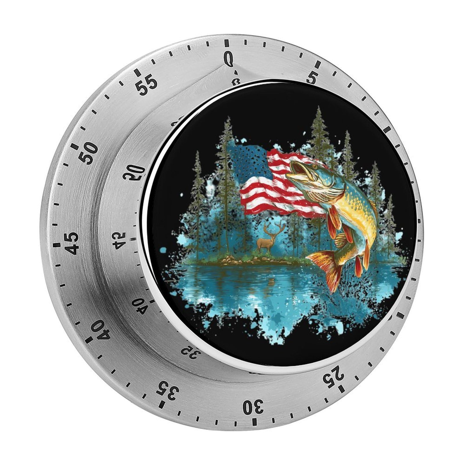 s Deers Lake Fish U.S.A. Flag Mechanical Timer with Alarm for Kitchen Cooking Productivity Stainless Steel Timers