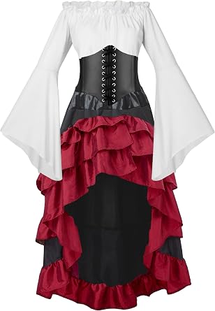 GOLDSTITCH Women Pirate Costume Medieval Renaissance Pirate Shirt Skirt Corset Belt Halloween Pirate Costumes
