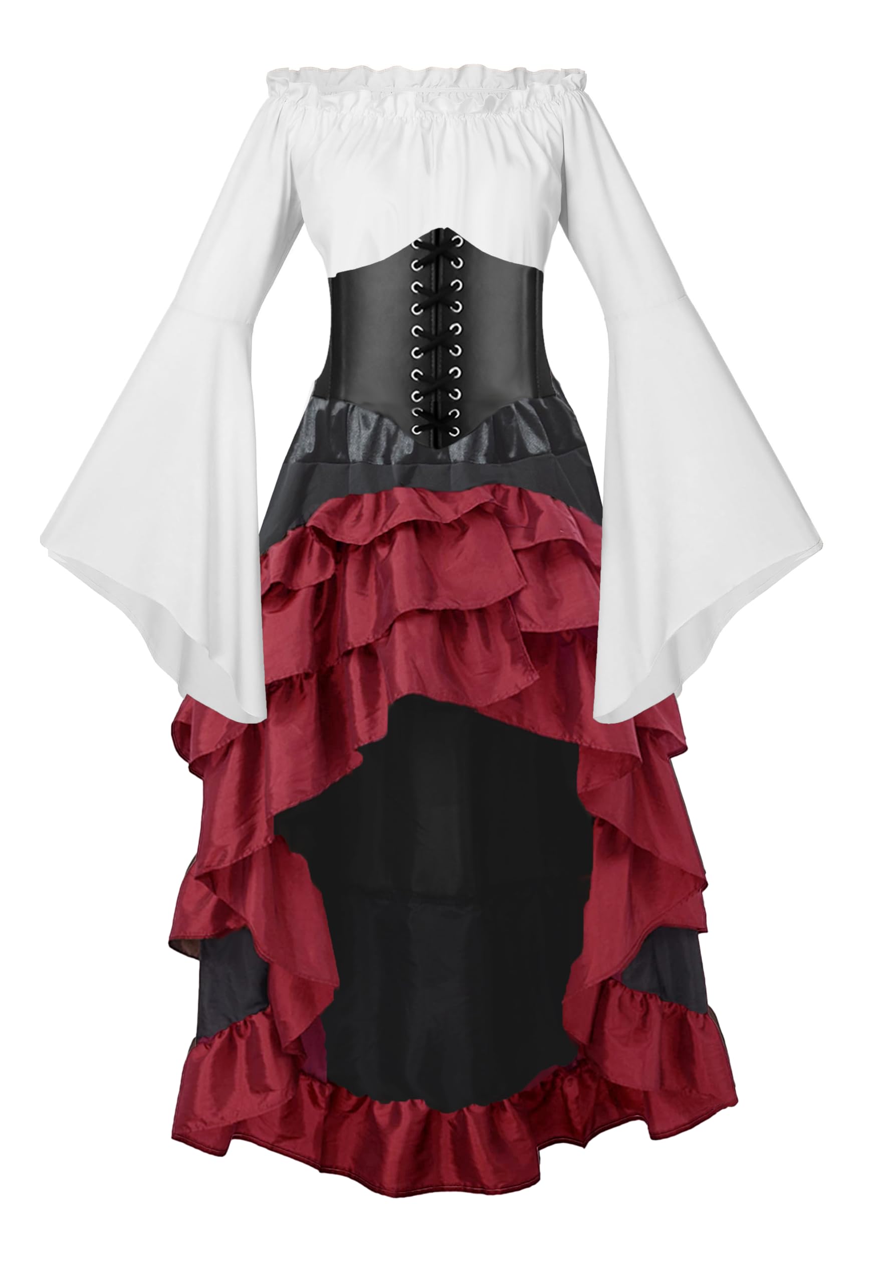 GOLDSTITCH Women Pirate Costume Medieval Renaissance Pirate Shirt Skirt Corset Belt Halloween Dress Red M