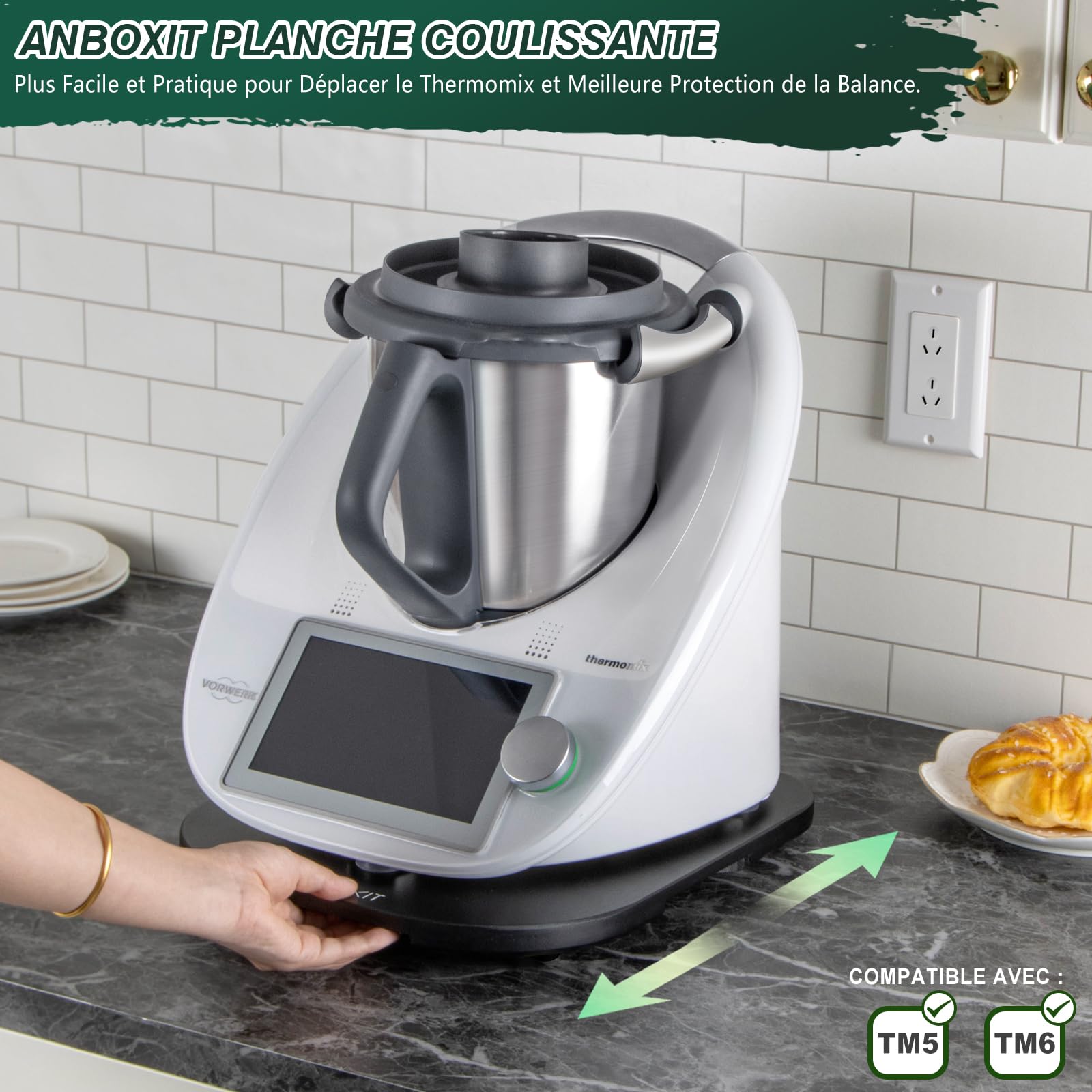 ANBOXIT Planche Coulissante pour Thermomix TM6/TM5, Planche Support pour Thermomix, Bambou Bois Plateau/Slider pour Thermomix - Noir