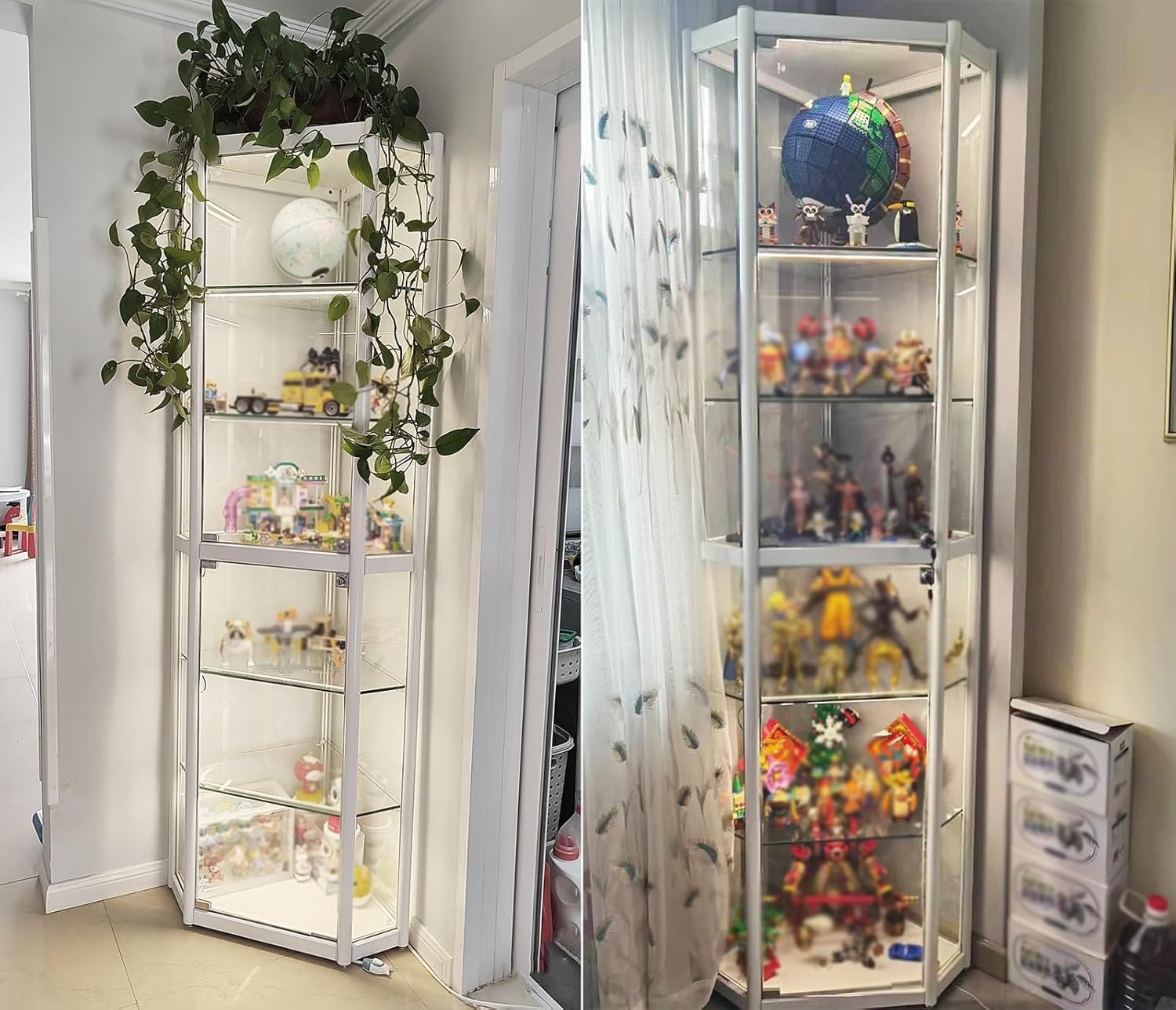 Display Cabinet,6 Tier Figure Cover Glass Display Cabinet, 180cm Tall Clear Curio Display Case, Lockable Lighted Storage Cabinet for Collectibles, Tempered Glass(White,180x5