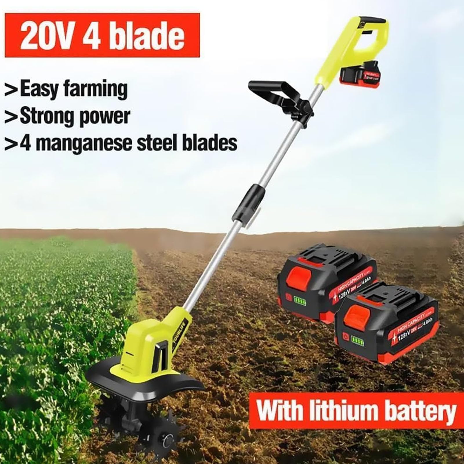Motozappa da Giardino a Batteria, Coltivatore Elettrico da Giardino con 4 Lame in Acciaio, Coltivatore per Terreno Alimentato a Batteria 2 X 4 Ah, profondità di Lavorazione 22 cm