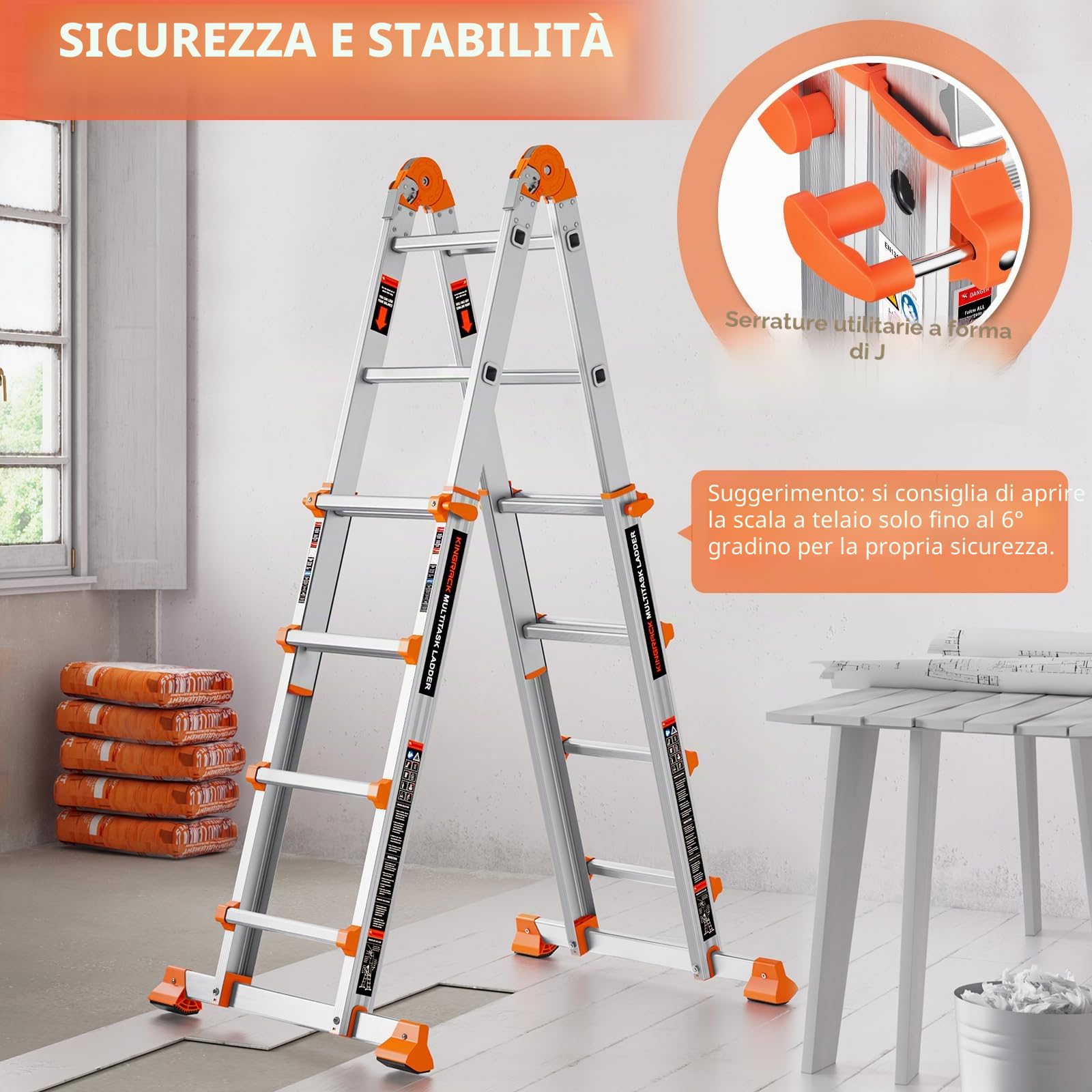 KINGRACK Scala telescopica in alluminio, scala allungabile multifunzionale antiscivolo con barra stabilizzatrice, carico di sicurezza 150kg, scala 4 gradini allungabile per scale, casa, esterno