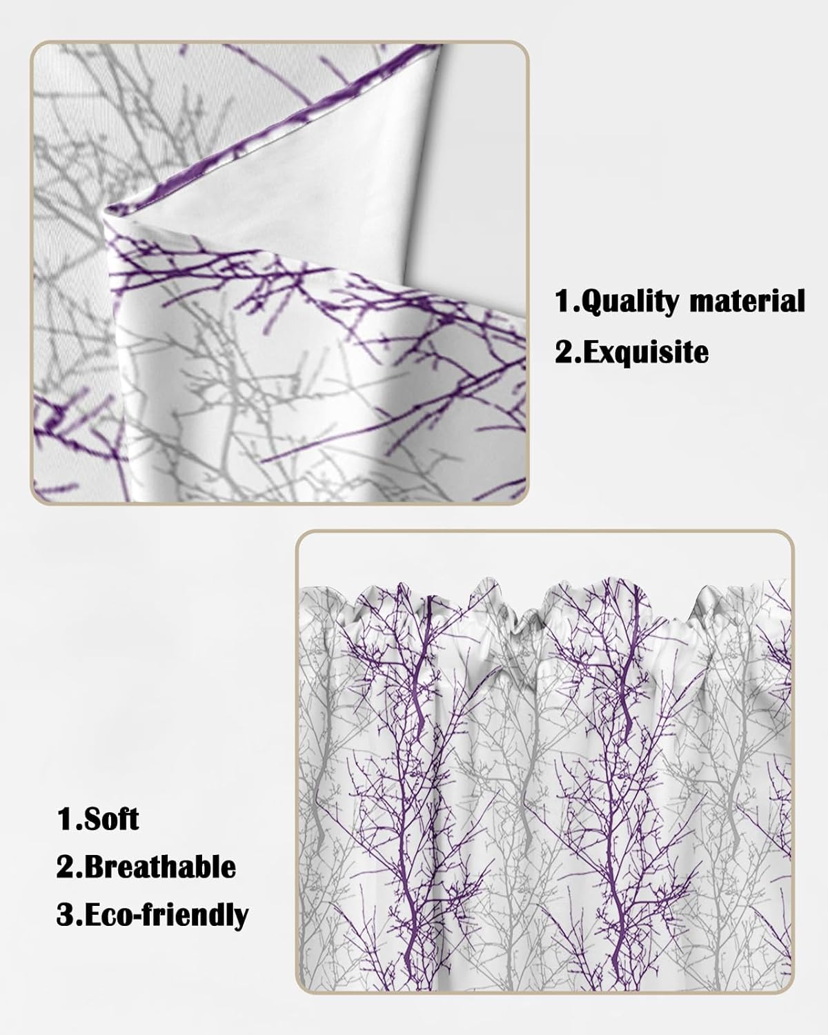 Purple Grey Swag Valances for Windows 2 Pack, Pastoral Botanical Kitchen Window Curtains 36 Inch Length, Gray Branch Aesthetics Privacy Swag Curtains for Living Room/Bathroom with Rod Pocket 36"x36"