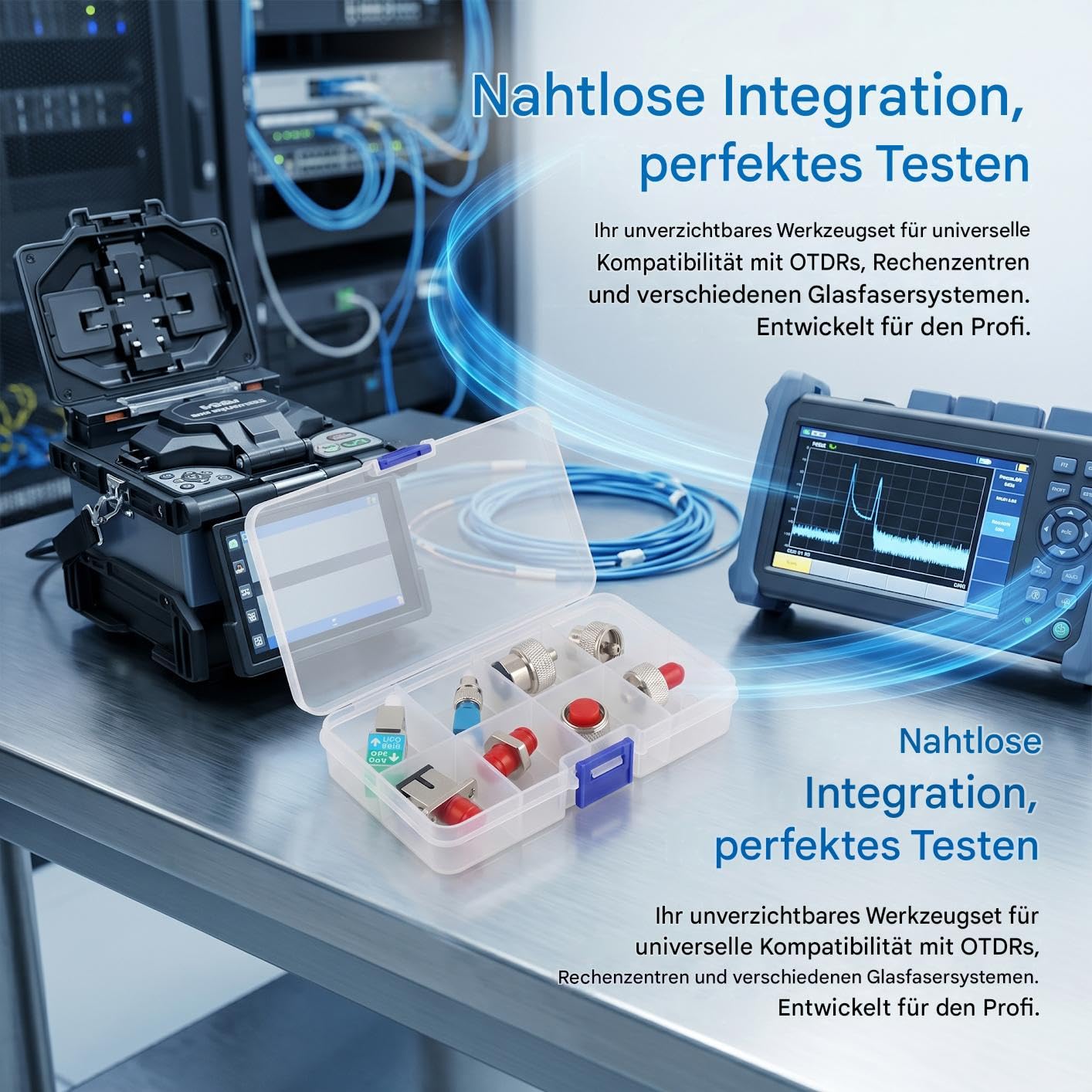 Lot de 8 adaptateurs OTDR en fibre optique pour SC FC ST LC - Pour les connexions réseau FTTH - Avec boîte de rangement amovible en plastique solide.