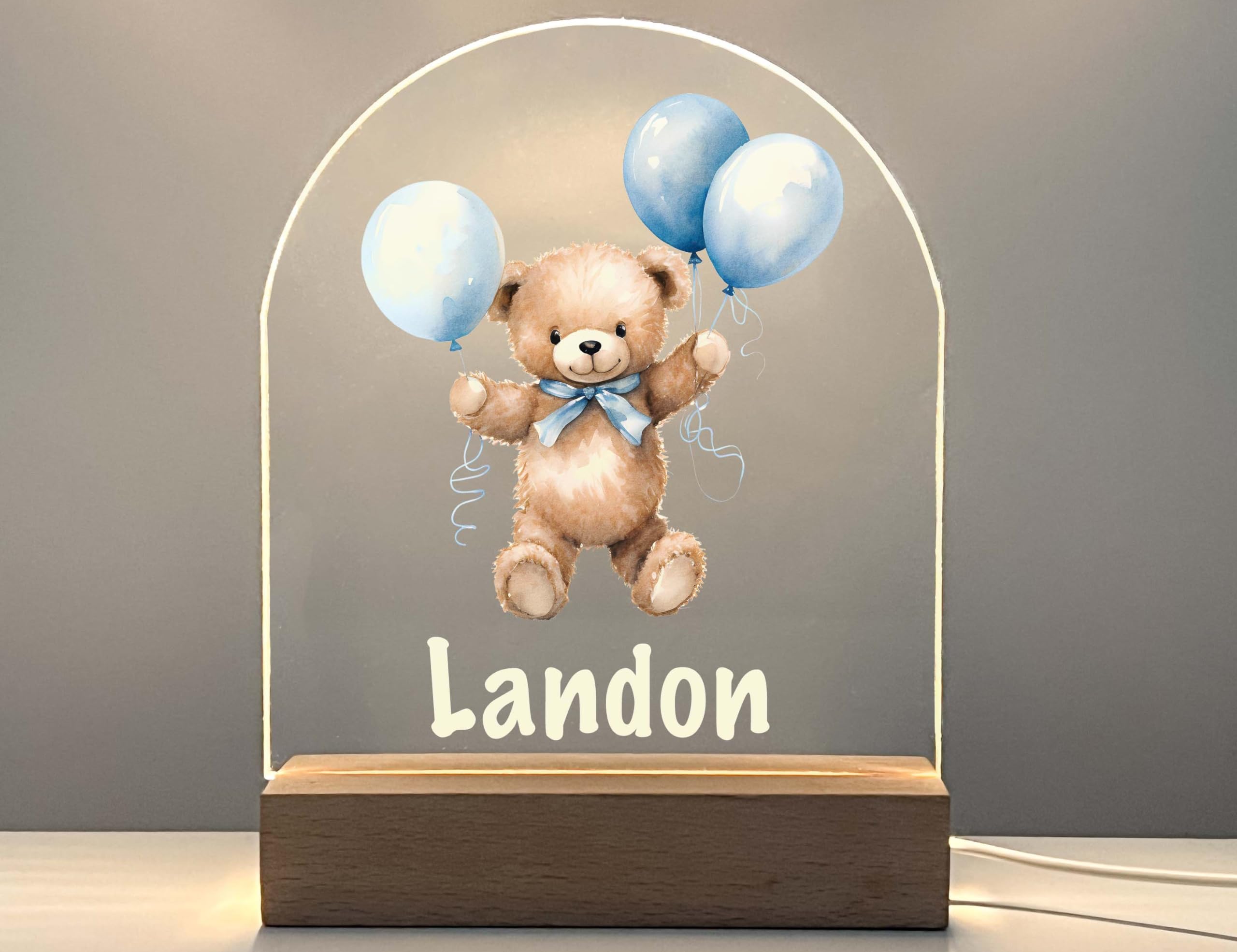 Teddy Bear and Blue Balloons LED Night Light, Desk or Table Lamp, Gift for Mom, Dad, Brother, Friend, Sister, Nursery Room Decor, Christmas/Birthday Gift, Personalized and Handcrafted in America.