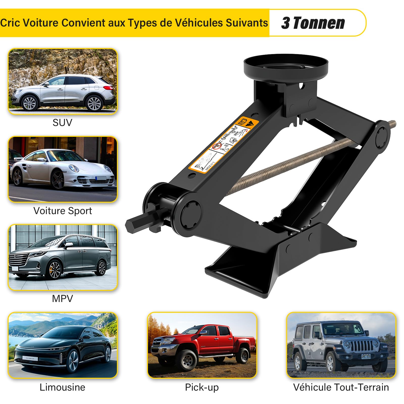 Cric Voiture 3T/3000kg, Universel Crique Voiture avec Tampon Caoutchouc,Portable Cric De Levage avec Clé pour Écrous De Roue, Kit d'urgence Automobile pour SUV MPV VoitureTesla