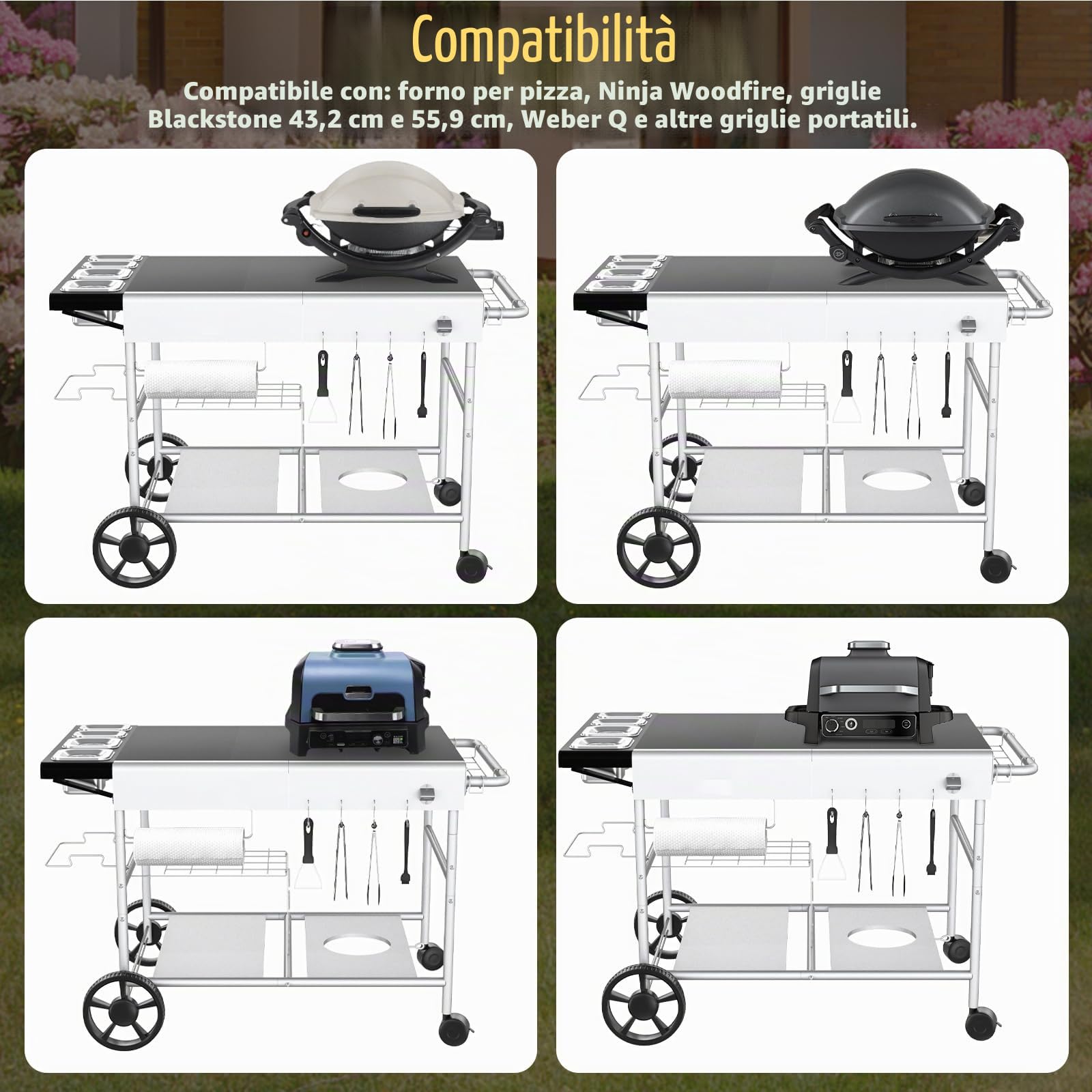GFTIME Carrello tavolo per forno pizza 128x64 cm per Ooni Koda/Karu/Fyra 16 & 12, Ninja Woodfire, Blackstone