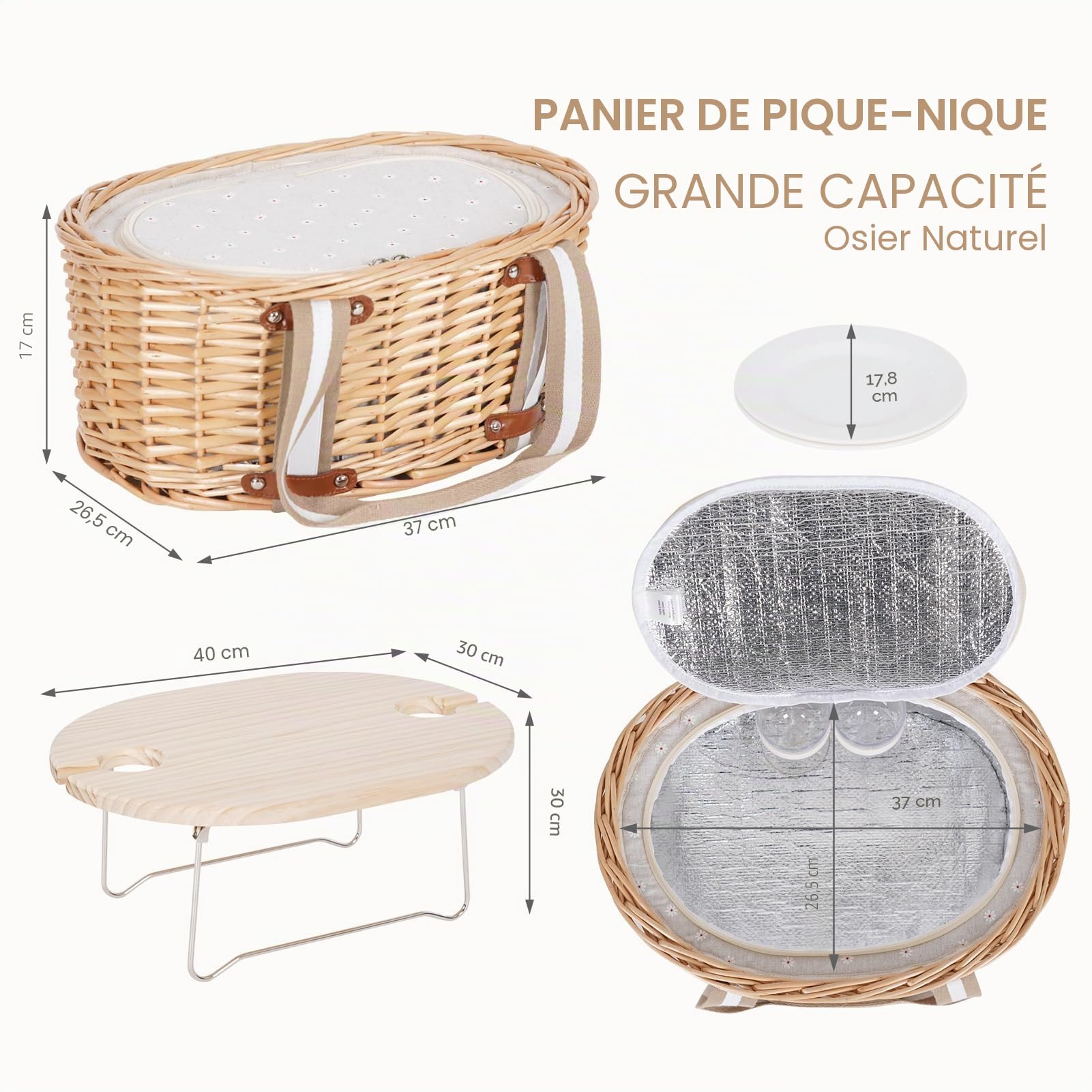 Ensemble de paniers de pique-nique pour 2 personnes - Panier isolé en osier avec couverture imperméable - Table de pique-nique pliable pour vin et couverts - Pour camping, extérieur, Saint-Valentin