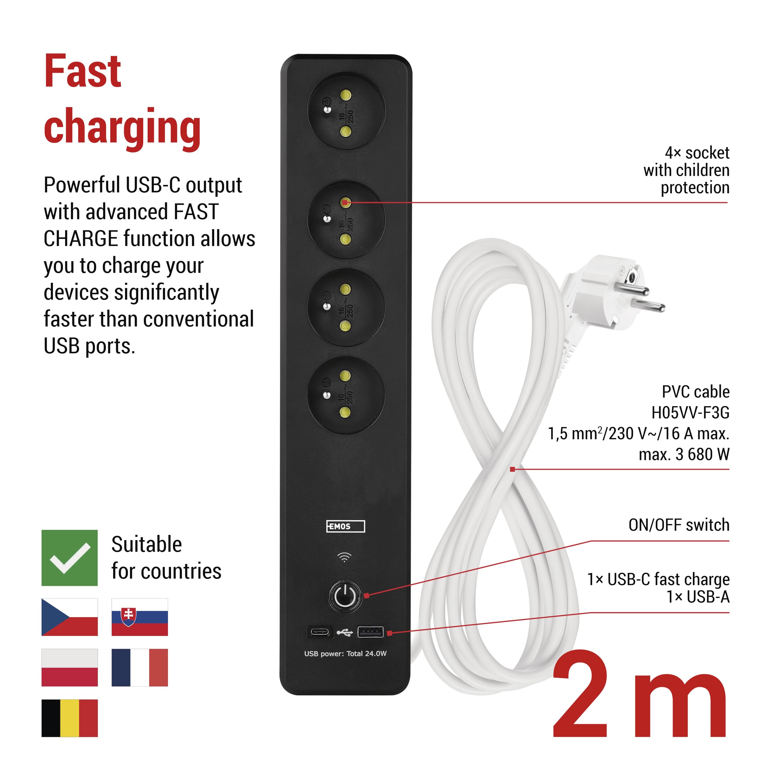 EMOS GoSmart - Bloc multiprise 4 Prises avec WiFi, App, 2 Ports USB-C/USB-A, wattmètre, minuterie et Interrupteur - 2 m - Compatible Alexa, Google Assistant - Standard French