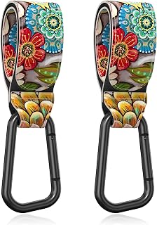Baby Stroller Hooks for Hanging Bags, Universal Stroller Clips Accessories, Mommy Hook for Diaper Bag, Shopping Cart, Purse, Backpack - 2 Pack, Retro Flower