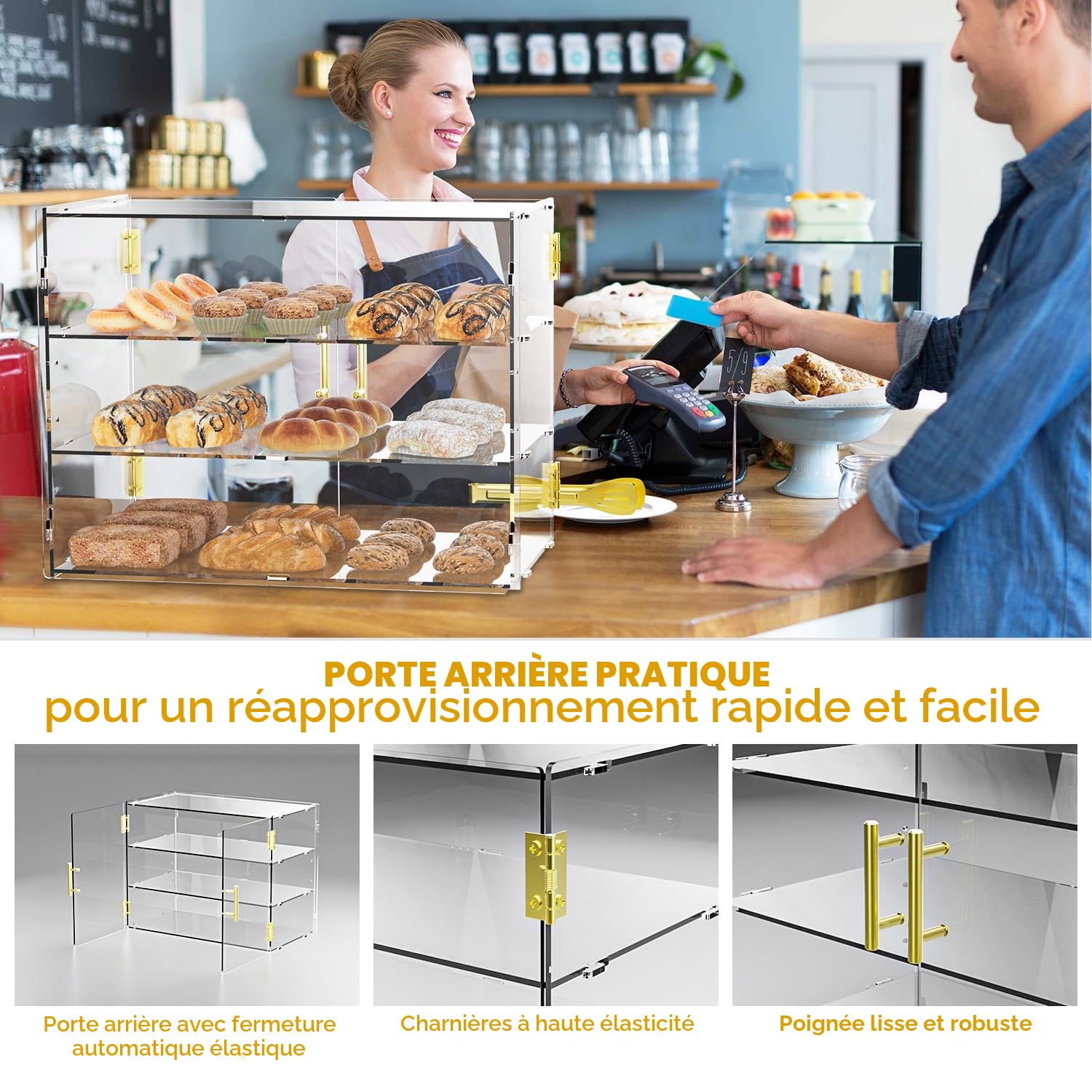 Présentoir de comptoir en acrylique pour boulangerie à 3 niveaux avec porte auto-élastique, 49,5 x 37,8 x 26,2 cm, boîte de présentoir alimentaire en acrylique pour pâtisserie, idéal pour le