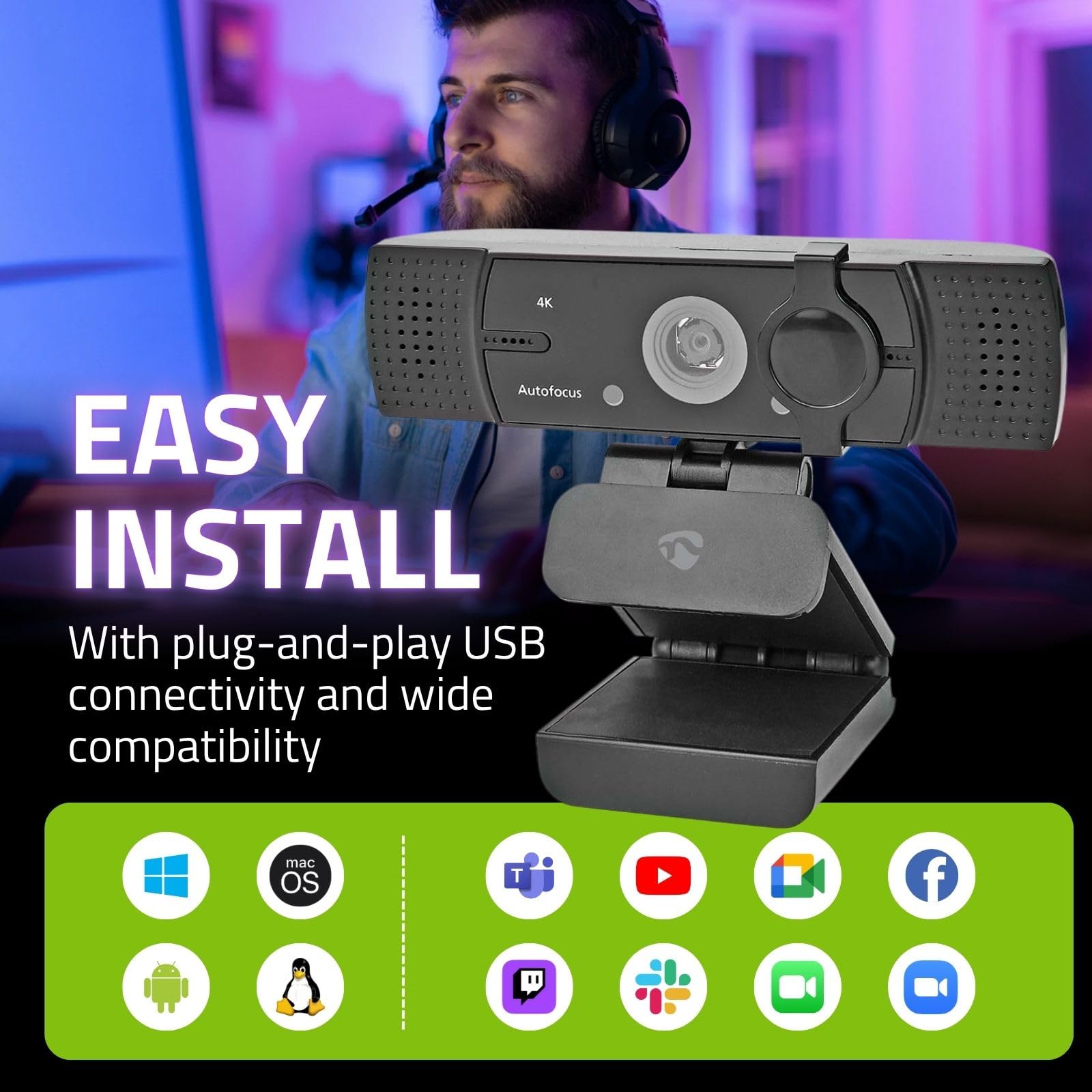 Nedis WCAM120BK Webcam | Full HD@60fps / 4K@30fps | Autofocus | Micrófono Incorporado | Negro