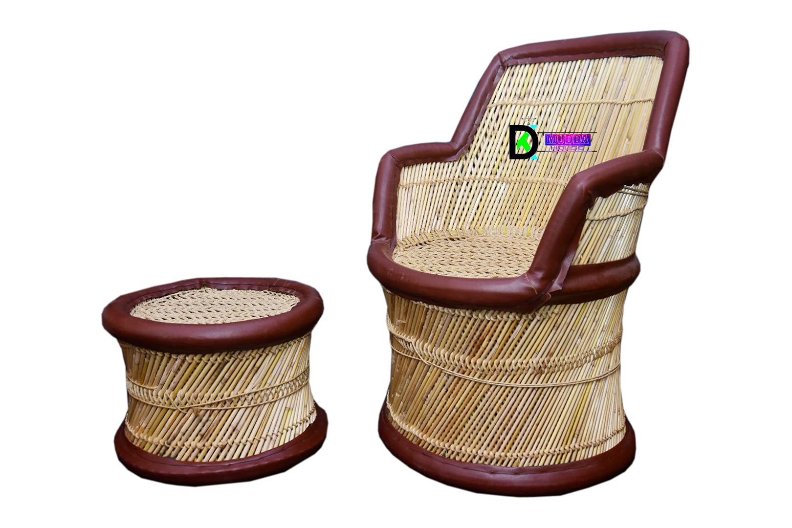 D.K Mudda House Handmade Sarkanda Wooden Large Sitting Stool and Chair (Wood, Brown)- Set of 2