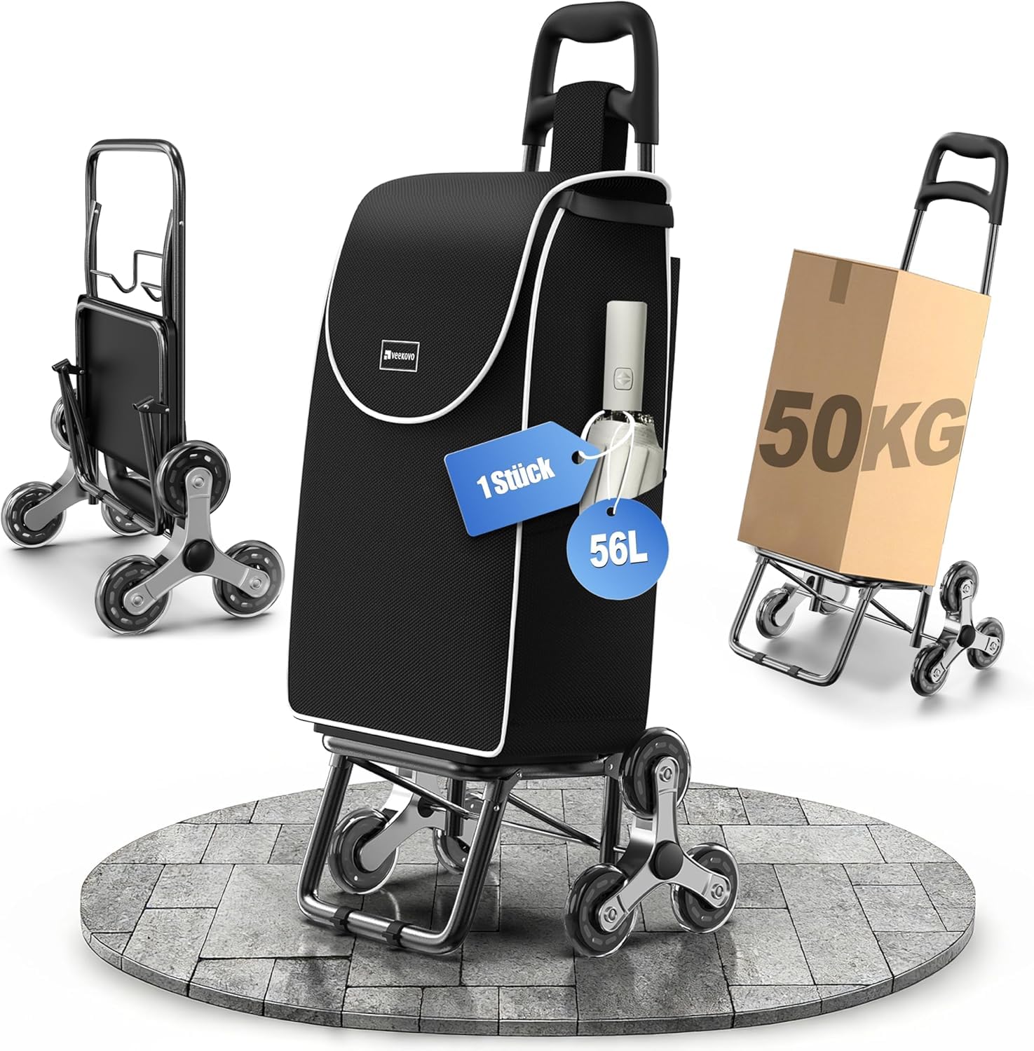 Einkaufswagen Klappbar 56L,Einkaufstrolley Treppensteiger,Trolly Einkaufswagen Klappbar, Hackenporsche mit 6 Räder,Wasserdicht,Bis 50 kg Traglast,faltbar & abnehmbar. (Schwarz, 1 Stück)