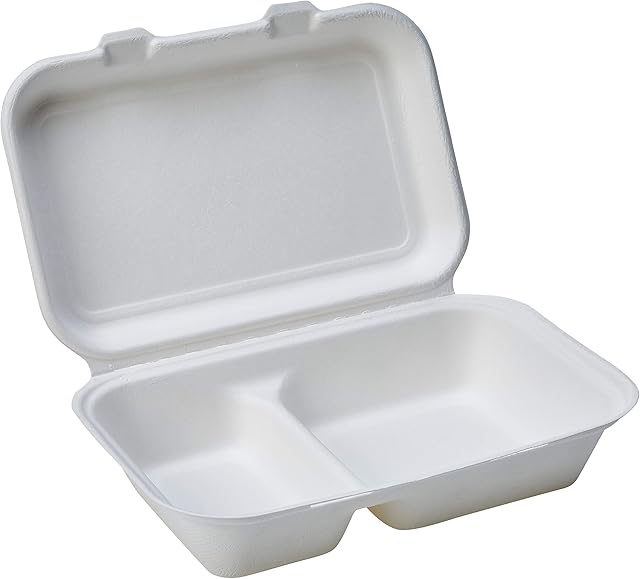 Amazon Basics Disposable Clamshell Hinged Food Container, Eco-Friendly Compostable and Biodegradable, 2-Compartment, 23 x 16 x 8 cm, Pack of 125
