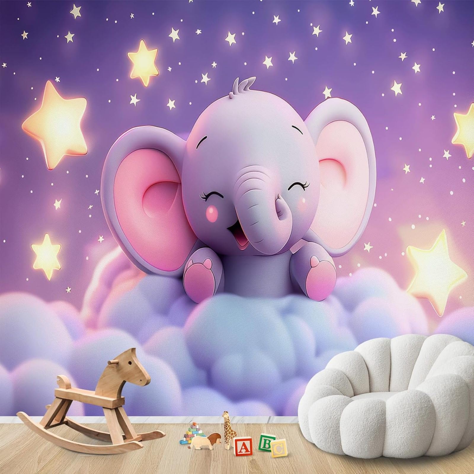 pdghsdkgjh Photo Wallpaper Baby Elephant Stars Clouds Non-Woven Modern Living Room Bedroom Children's Room Wall Decoration Motif Wallpaper,250cmx175cm Stickers - Frameless Painting - Poster