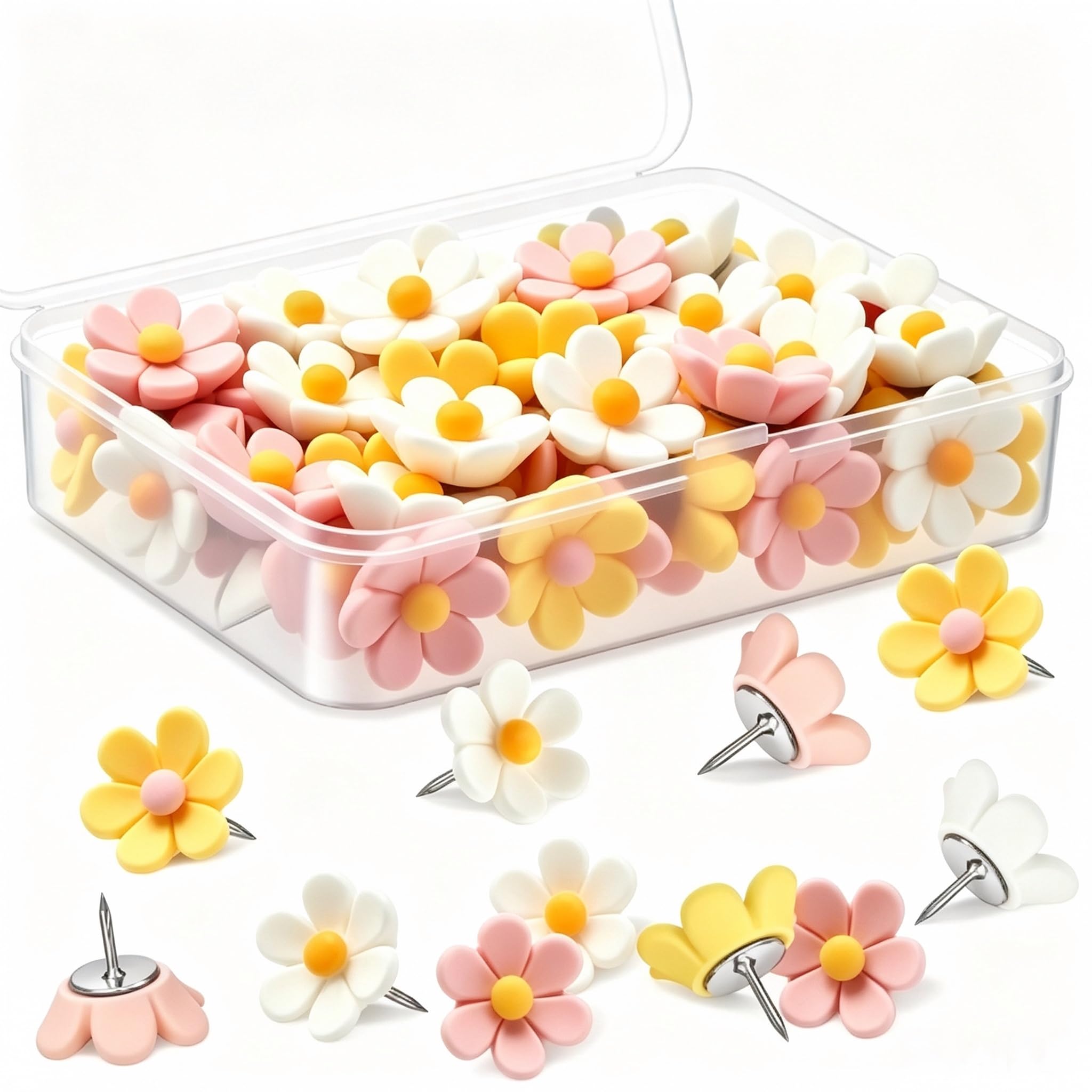 VansenKunda 30 Pcs Flower Push Pins – Colorful Decorative Thumb Tacks with Storage Box (Light)