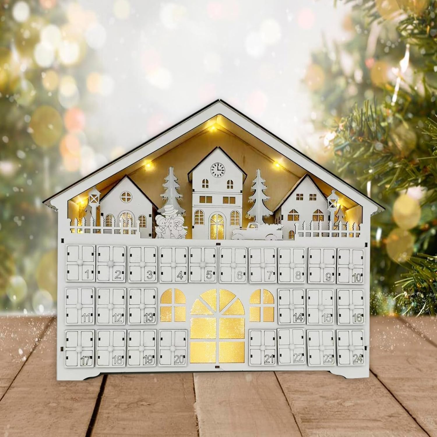 Holiday Wood Advents Calendar Delicate Wood Advents Calendar With LED Lights 24 Days To Christmas Countdowns