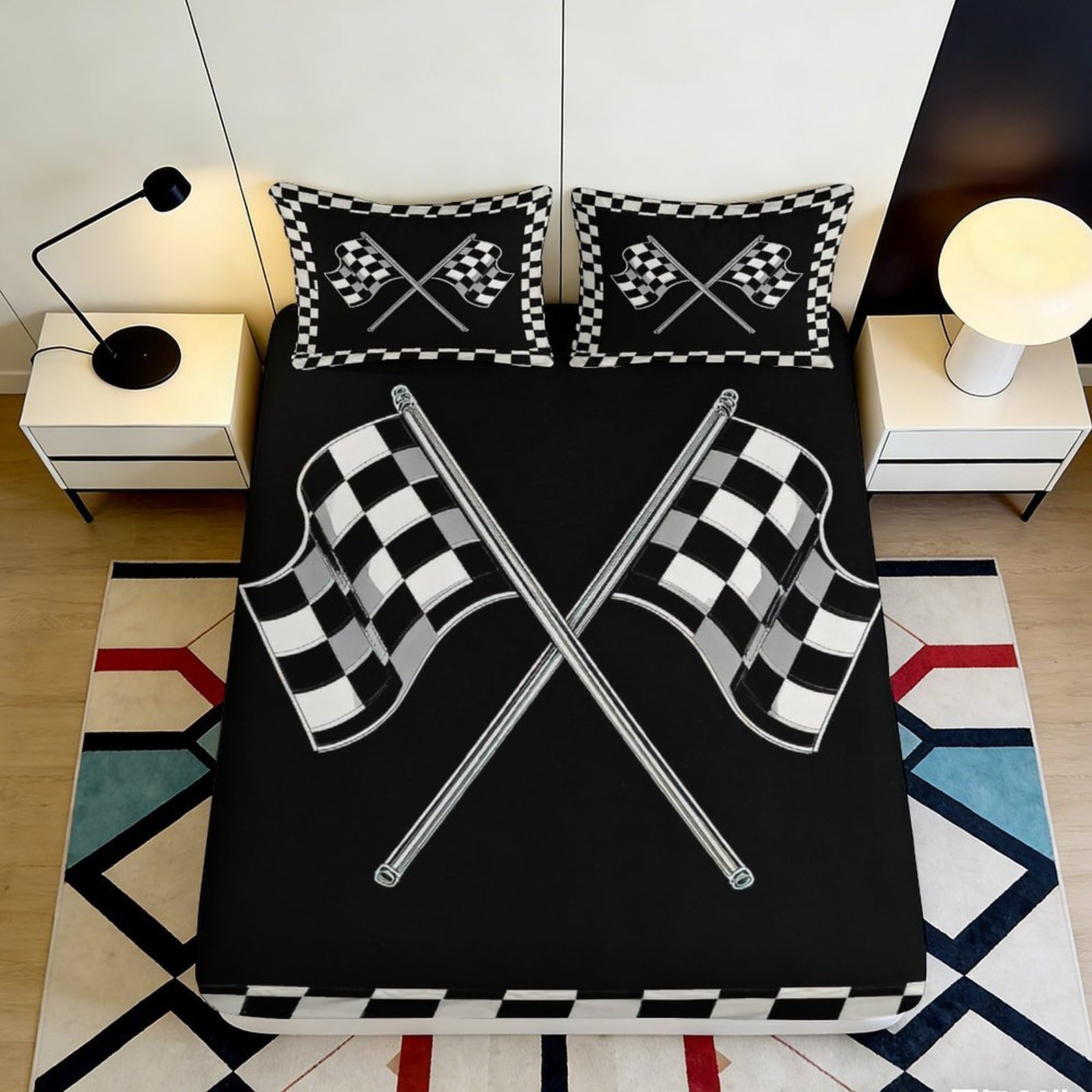 3D Printed Checkered Flags Fitted Sheet Microfiber Soft Breathable Racing Pattern Bed Cover for Bedroom Dormitory Guest Room Mattress Protection Decor 120x200x25cm
